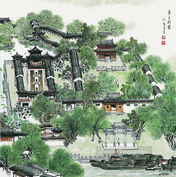 曹仁栄蘇州公園の壁の古い中国人油絵